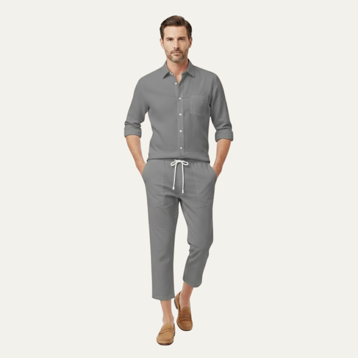 Axel | Men's Linen Set White Button Up Shirt Cropped Pants