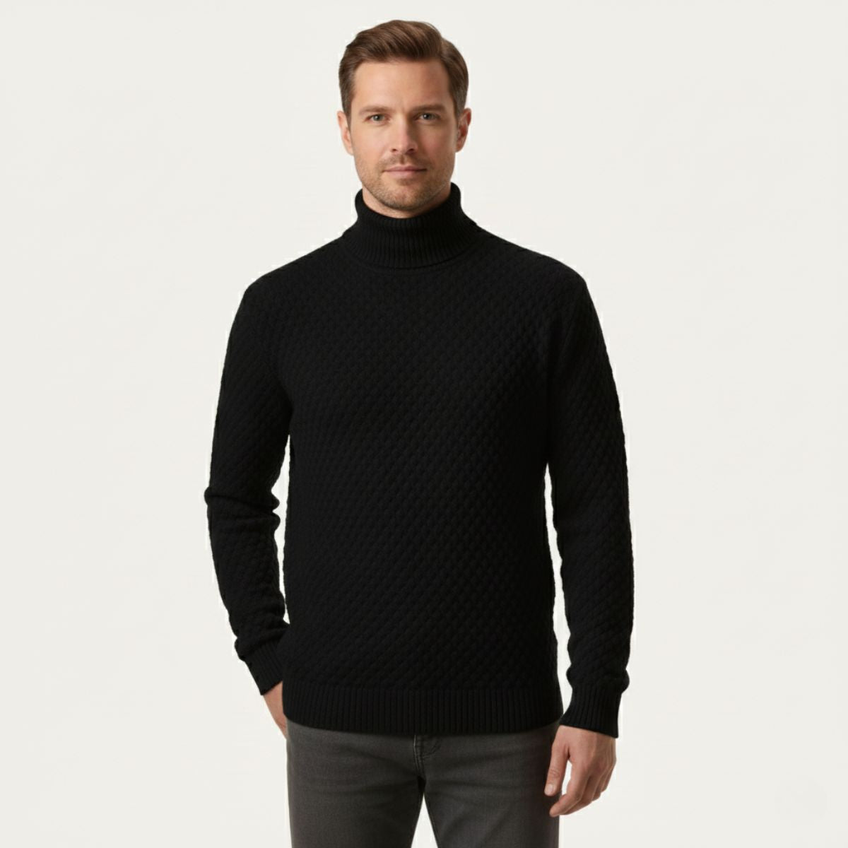 Ezra | Men's Turtleneck Cable Knit Sweater Cream