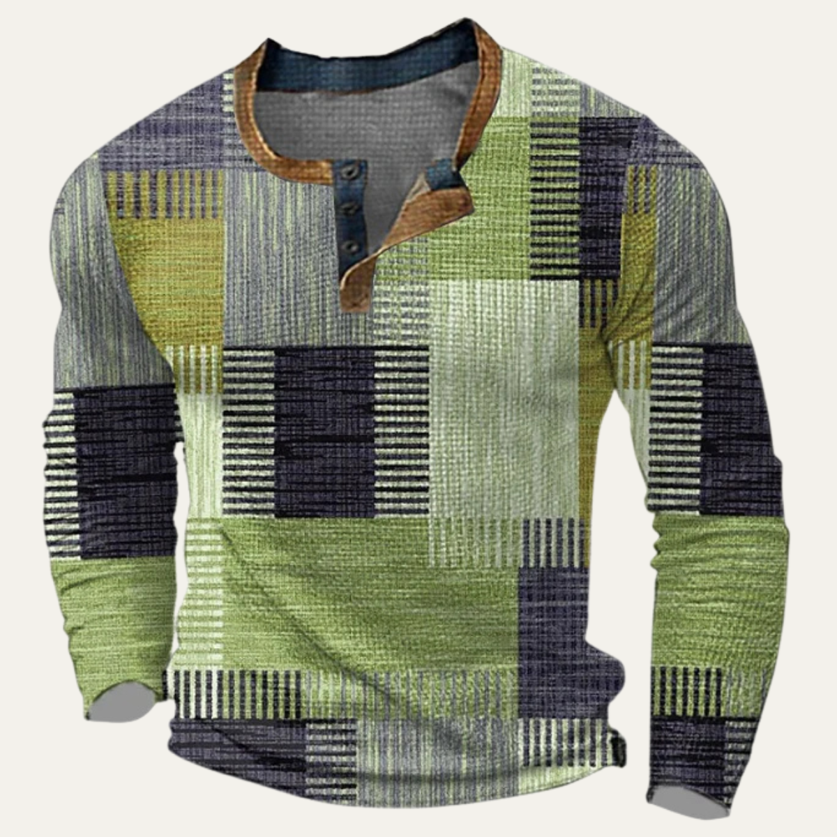 Sage | Men's Patchwork Henley Shirt Navy Gold Red