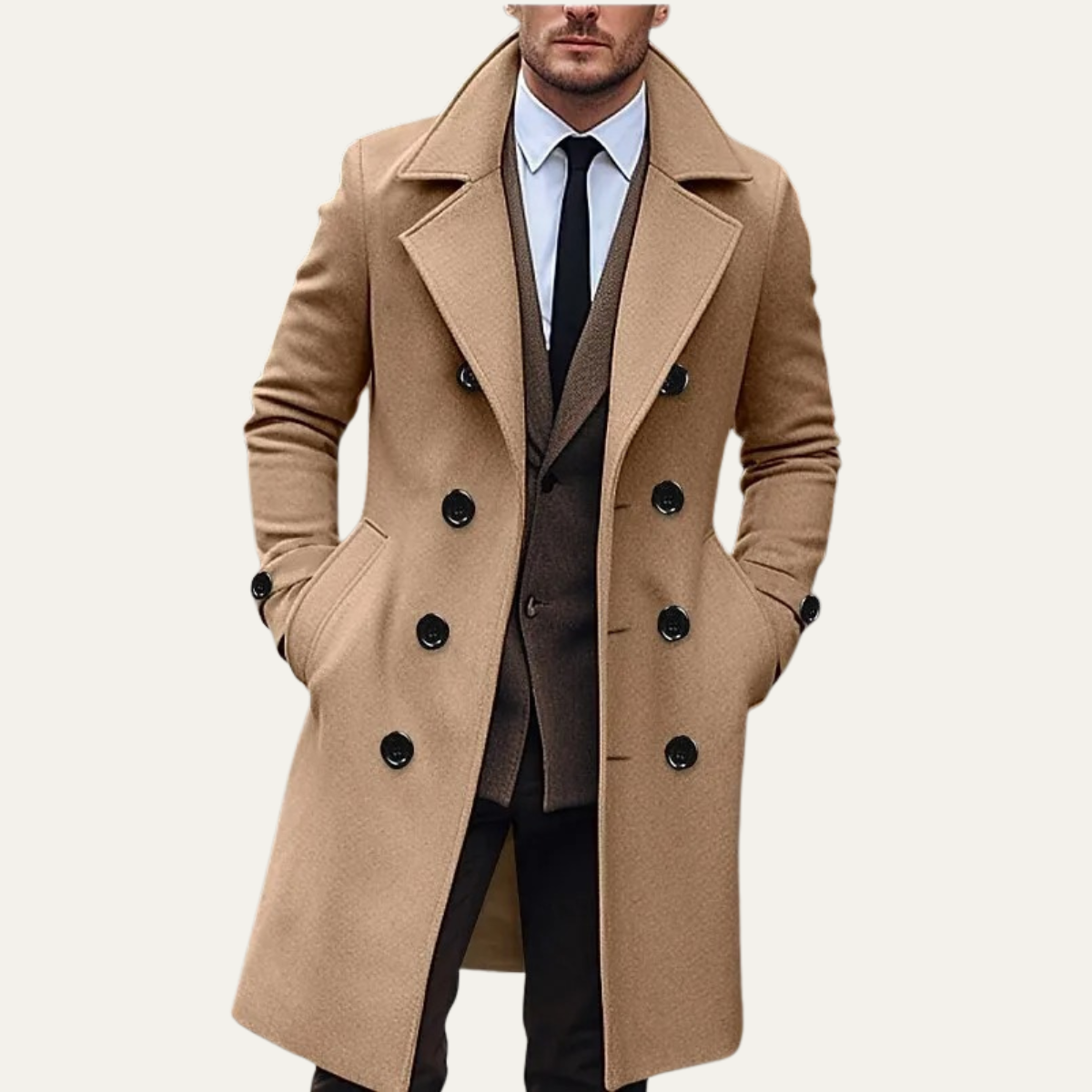 Casen | Men's Double Breasted Wool Coat Camel Long