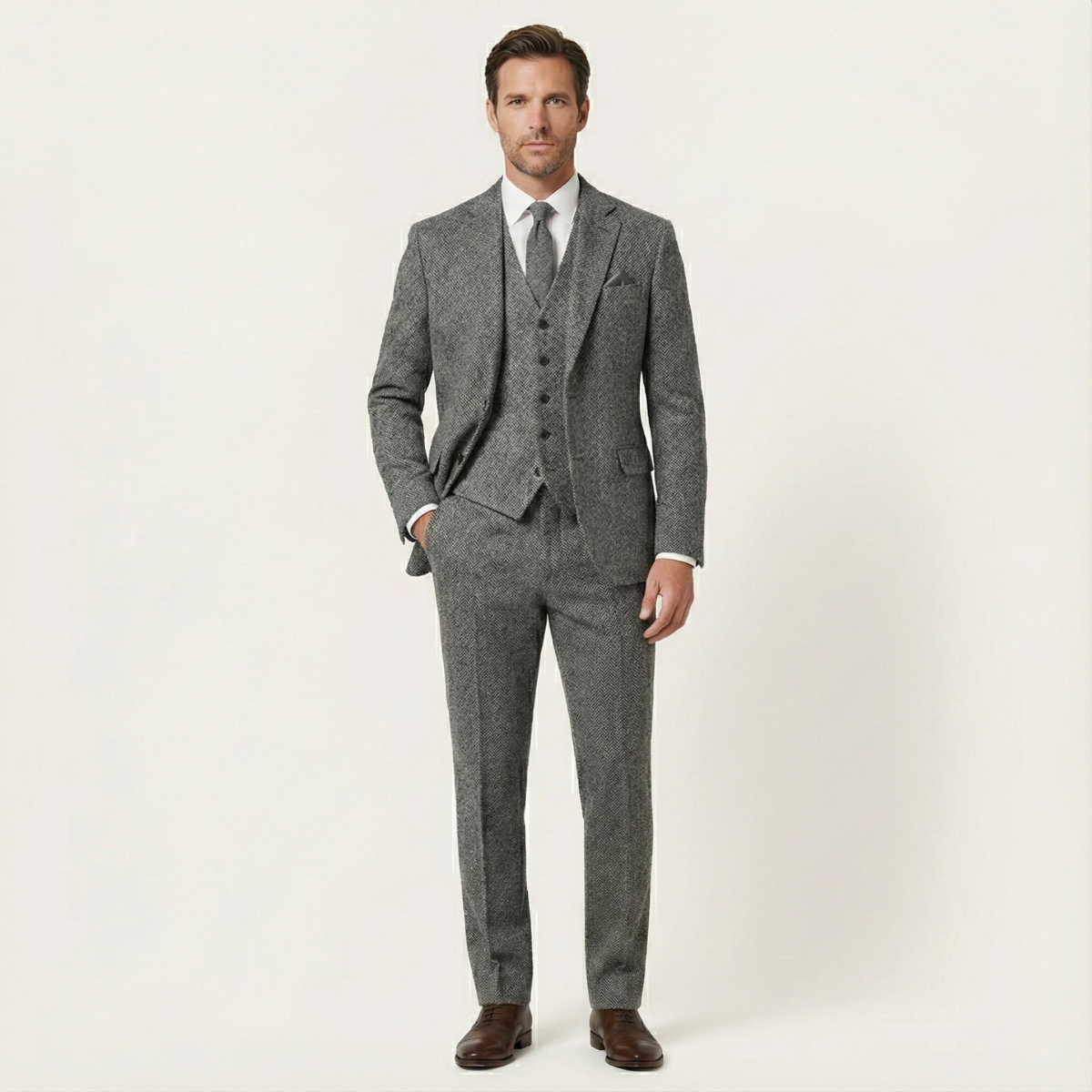 Everett | Men's Tweed Suit Gray Herringbone Three Piece