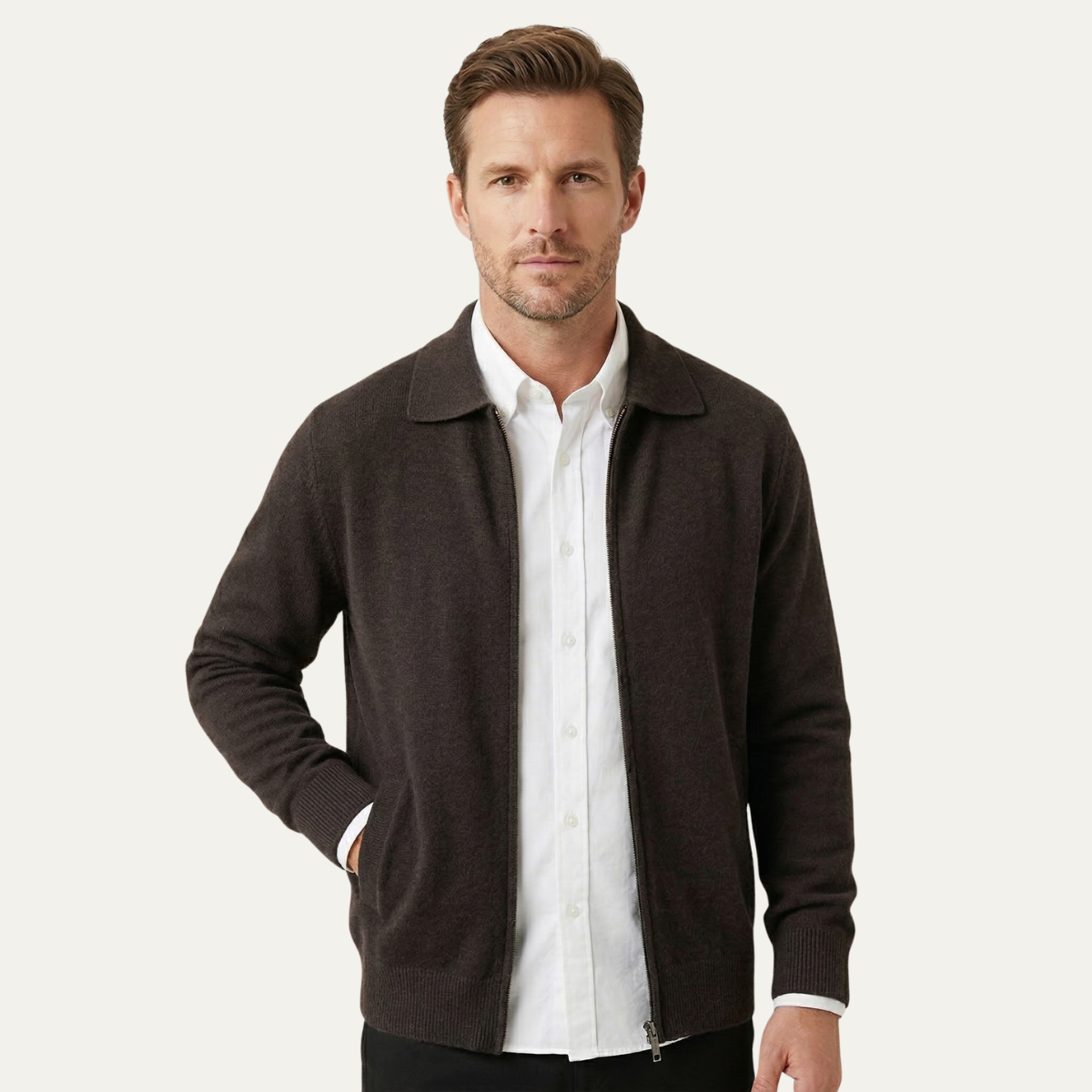 Callum | Men's Cardigan Cream Wool Blend Button Up