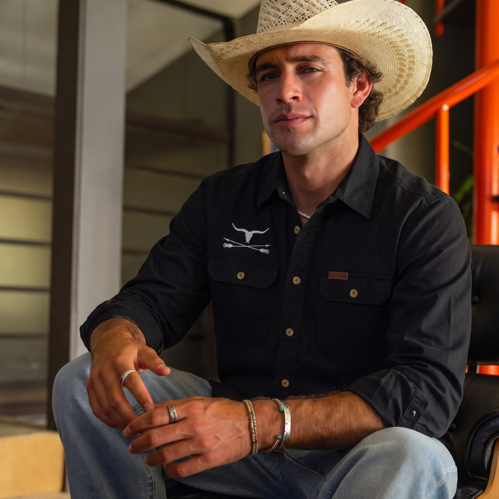 Callum | Men's Western Denim Shirt Black Cowboy Print