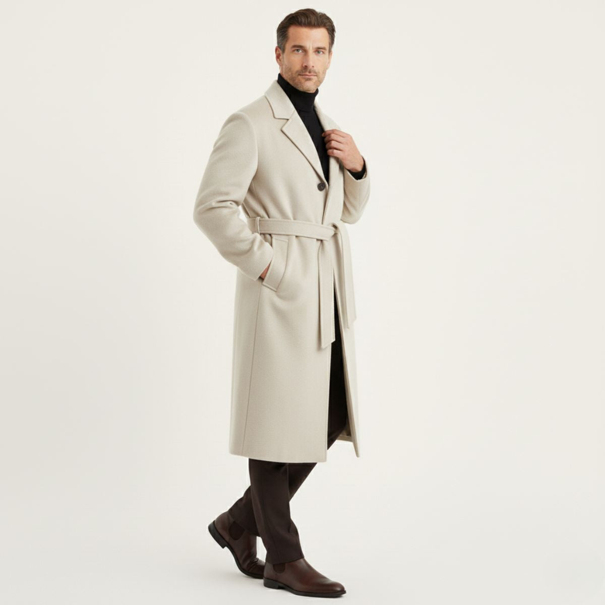 Callum | Men's Wool Overcoat Black Belted Long