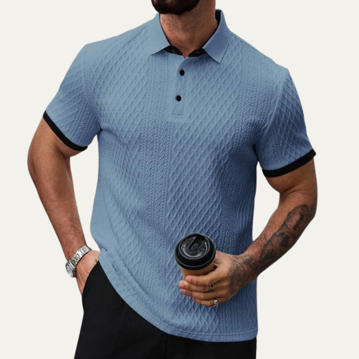 Cole | Men's Textured Polo Shirt Light Blue Contrast Trim