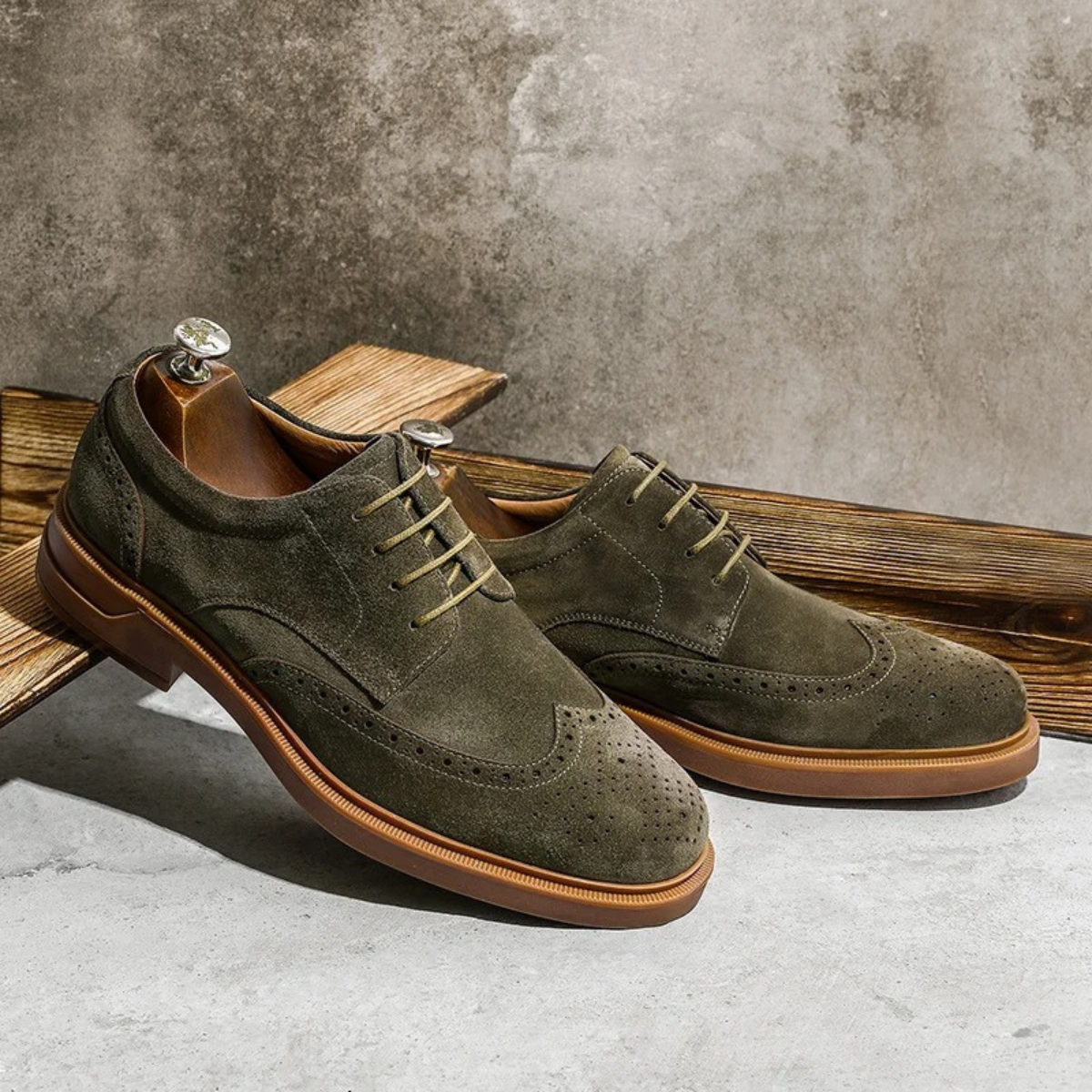 Ezra | Men's Suede Wingtip Oxford Beige Dress Shoe