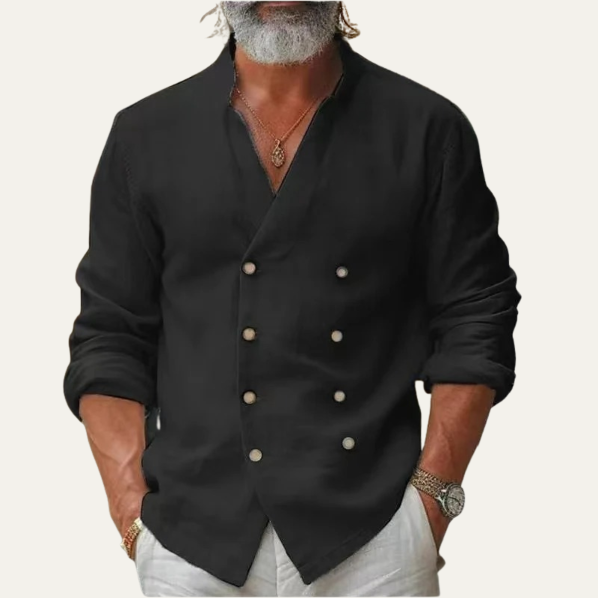 Sage | Men's Double Breasted Linen Shirt Cream Long Sleeve