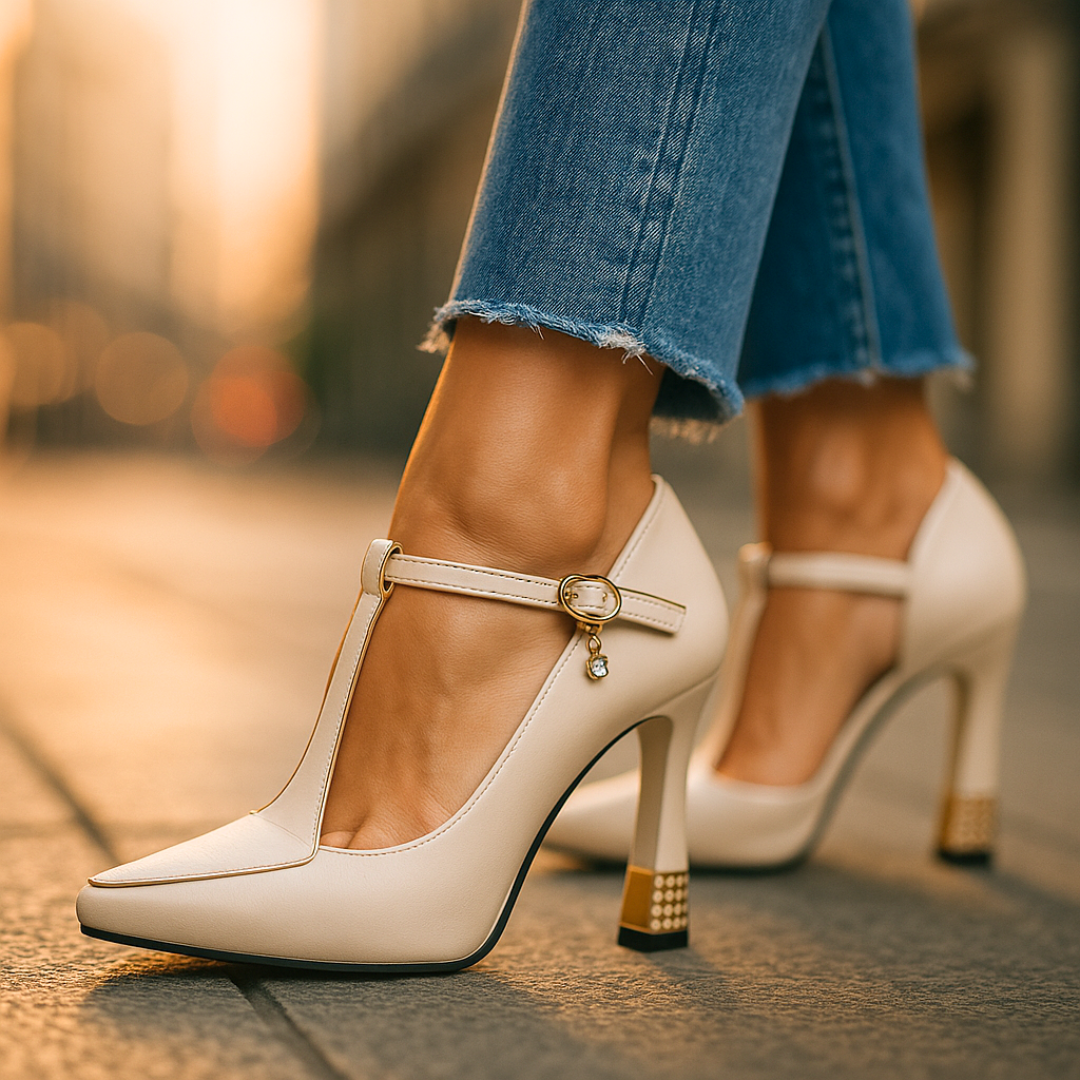 Opal | Women's T Strap Pump Black Studded Heel