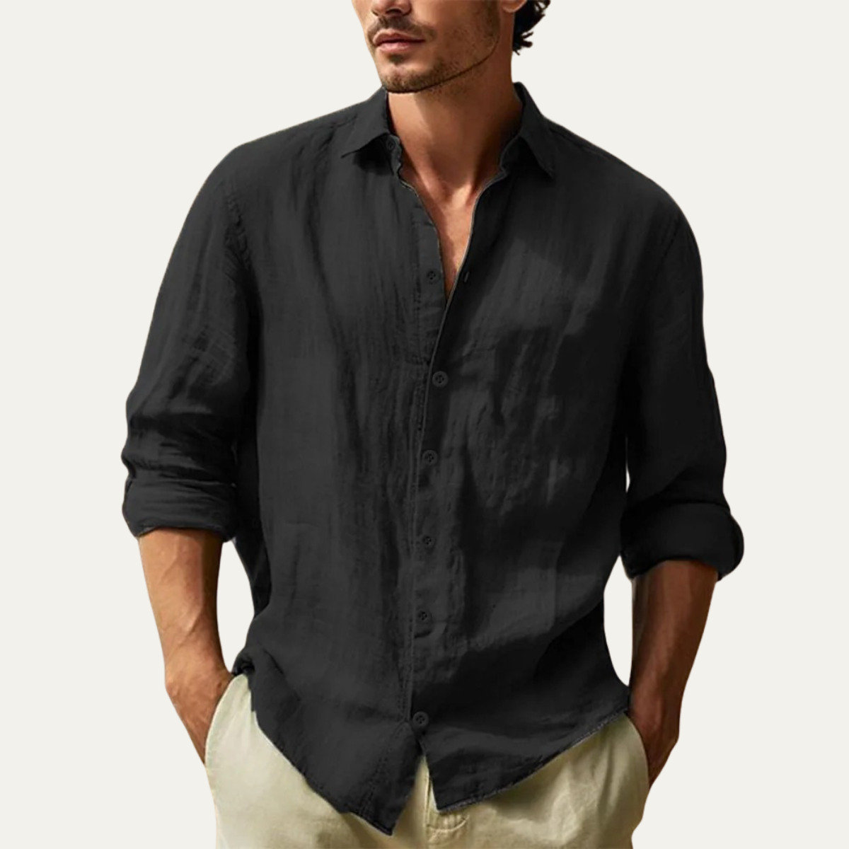 Luca | Men's Linen Shirt Cream Casual Long Sleeve Button Up