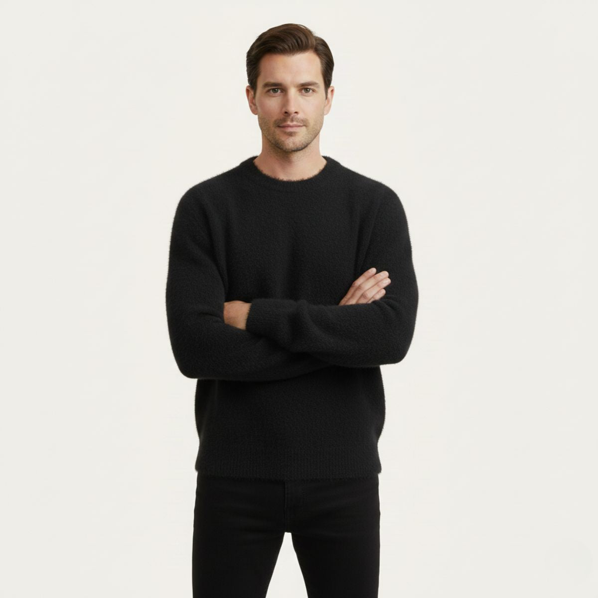 Alma | Men's Crew Neck Sweater White Cashmere Knit