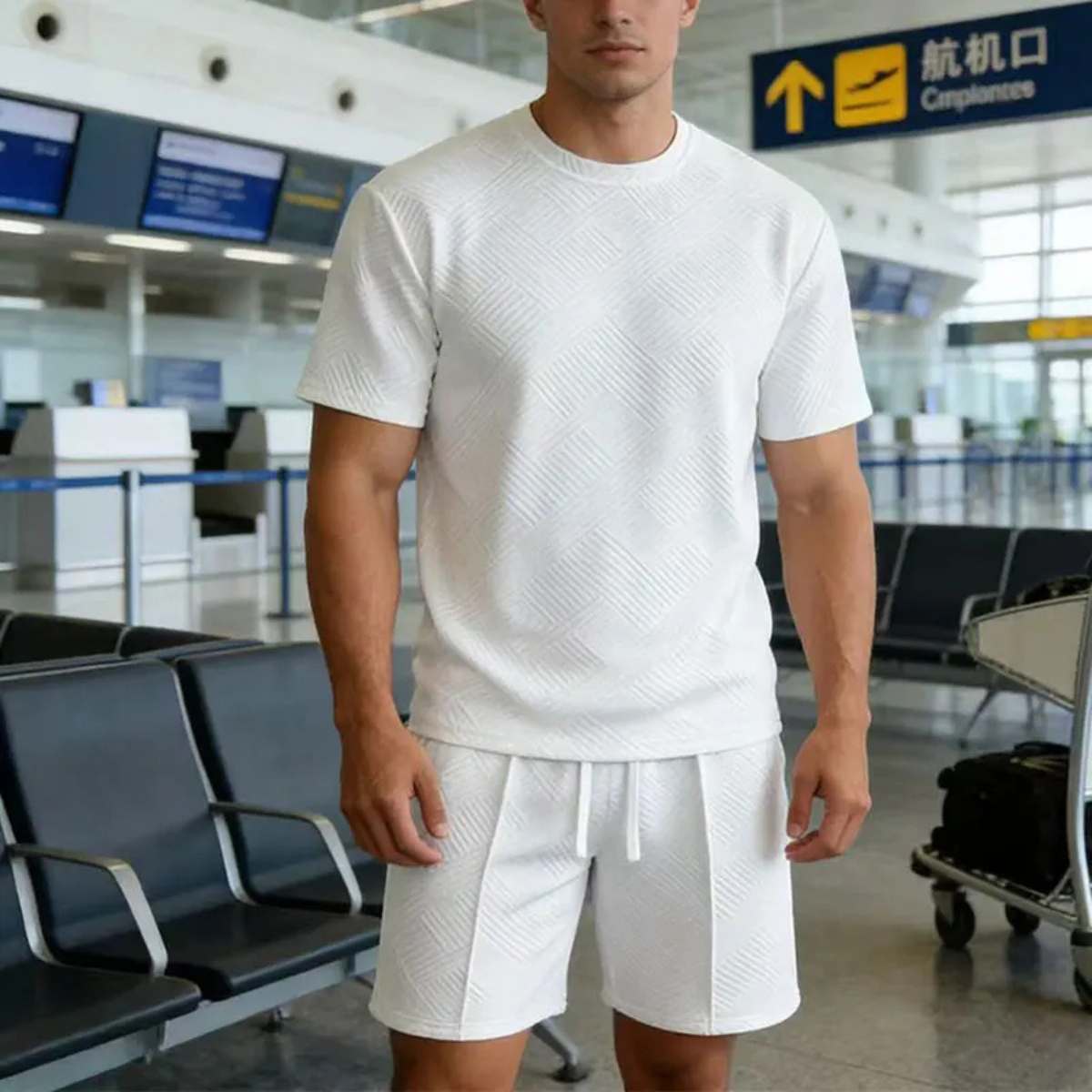Leon | Men's Sweatsuit White Textured Short Sleeve