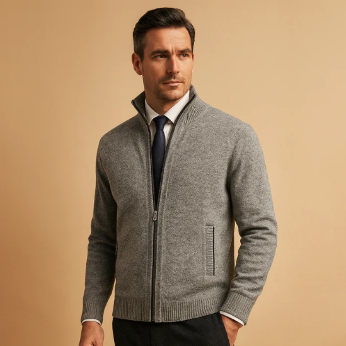 Beau | Men's Wool Blend Zip Cardigan Cream Stand Collar
