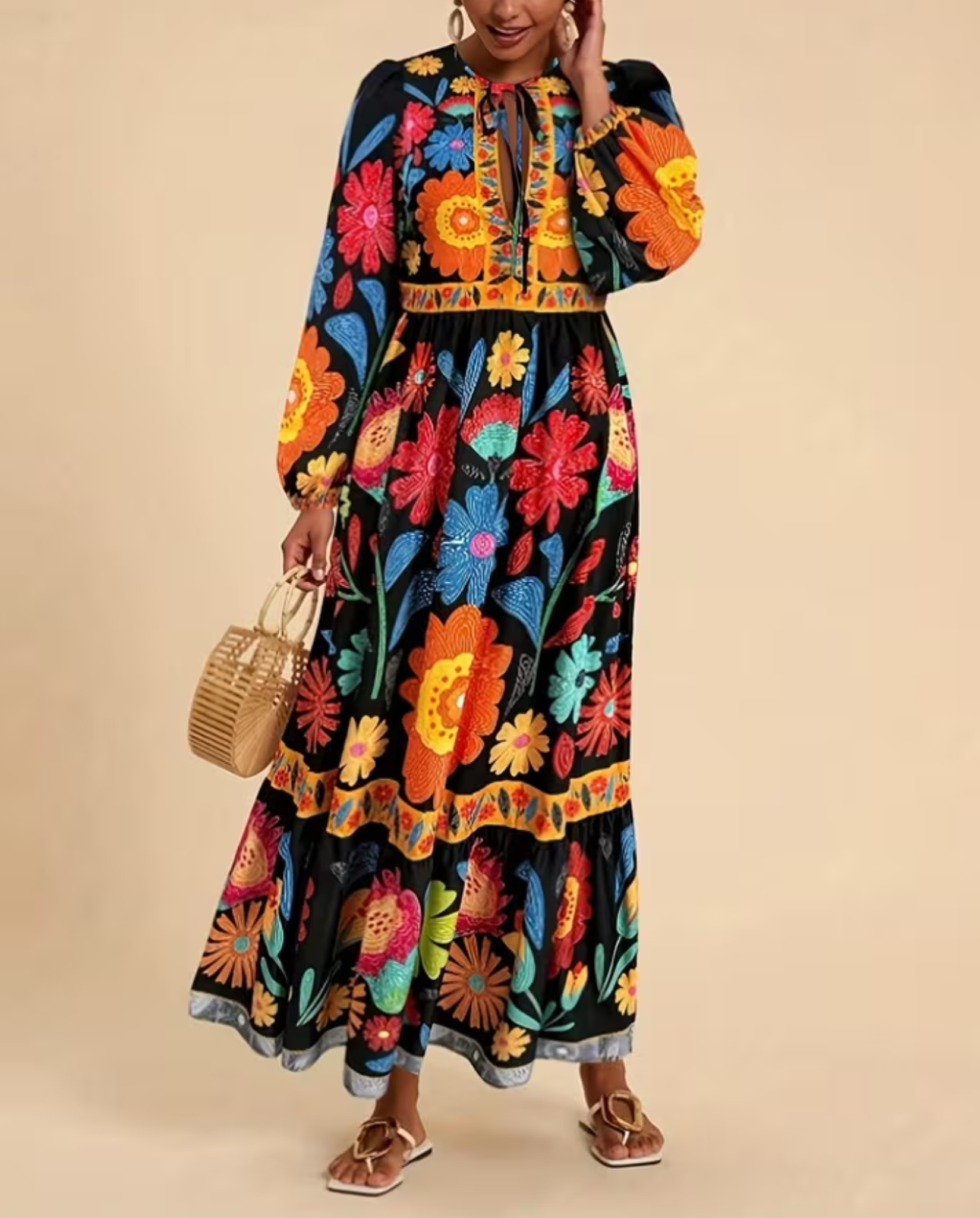 Rue | Women's Floral Maxi Dress Puff Long Sleeves