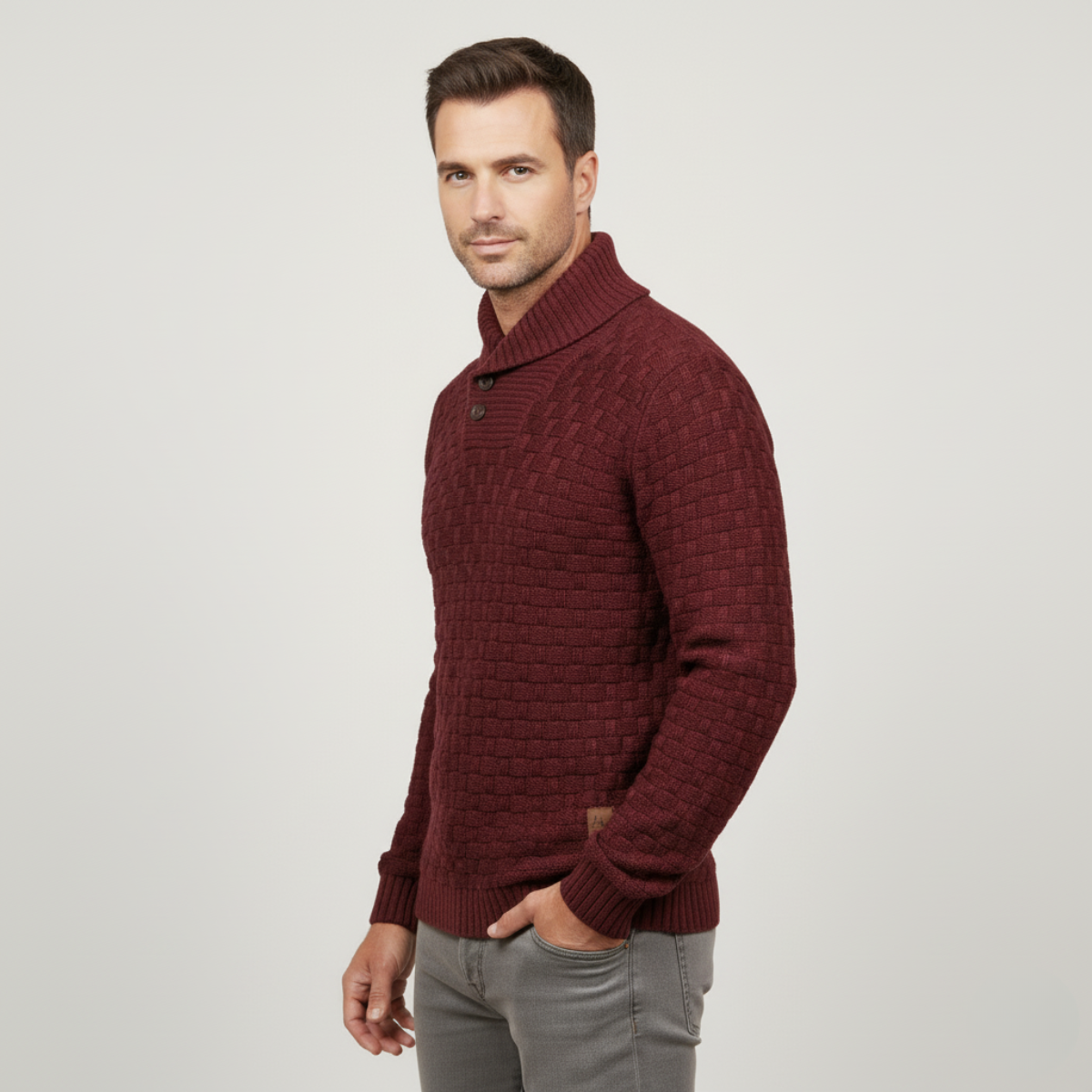 Beau | Men's Chunky Knit Sweater Navy Shawl Collar Button