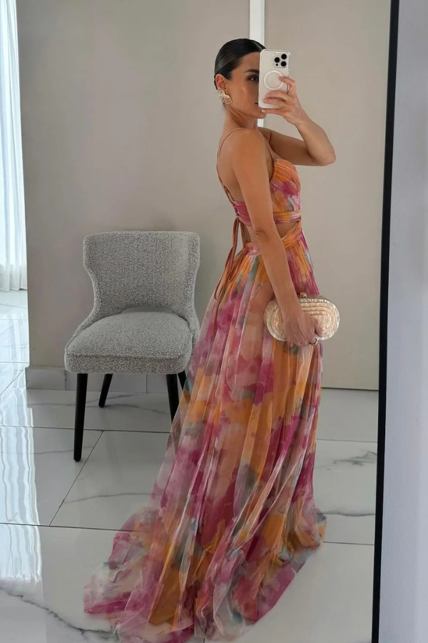 Stella | Women's Chiffon Maxi Dress Multicolor Pleat