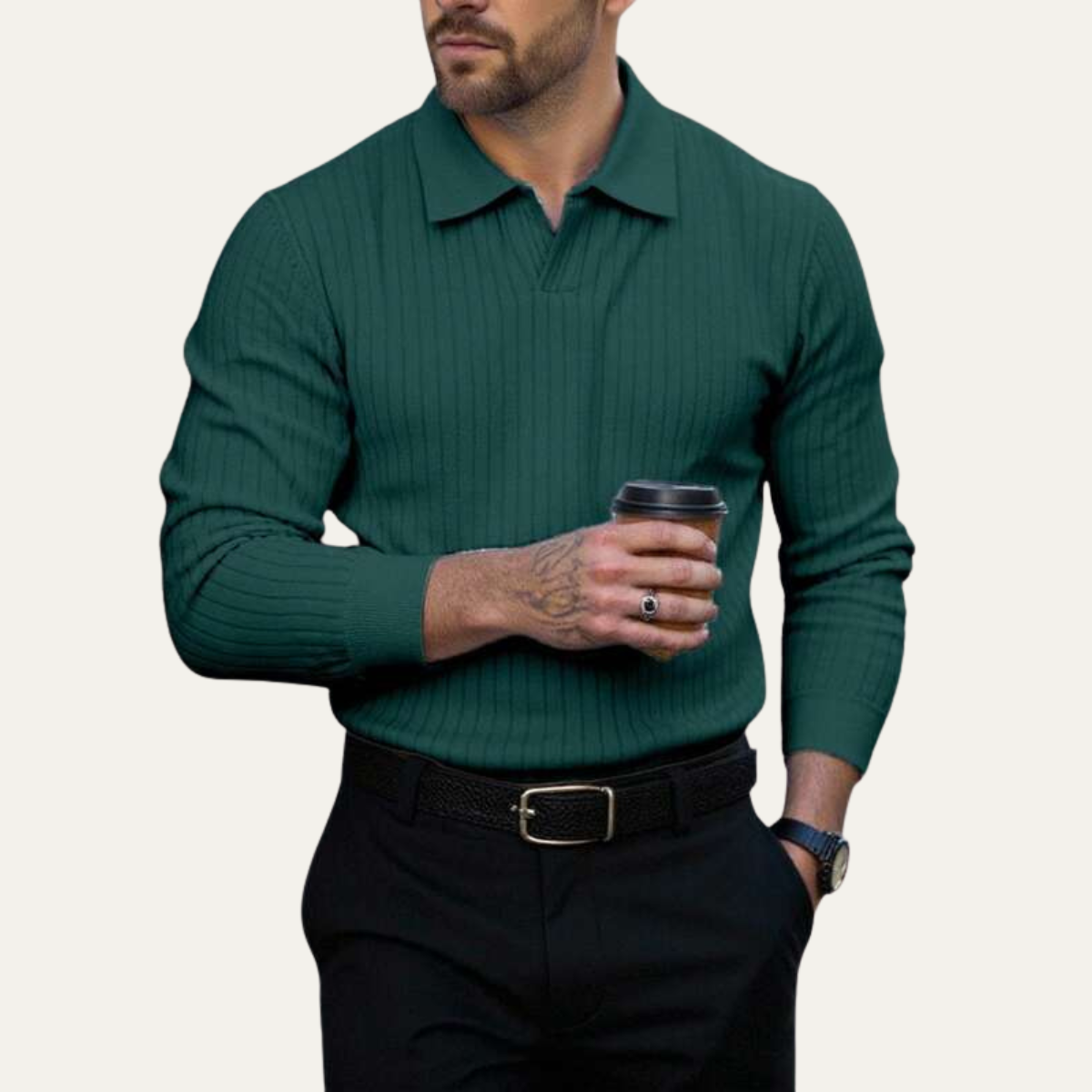 Bram | Men's Ribbed Knit Polo Shirt Deep Green Long Sleeve