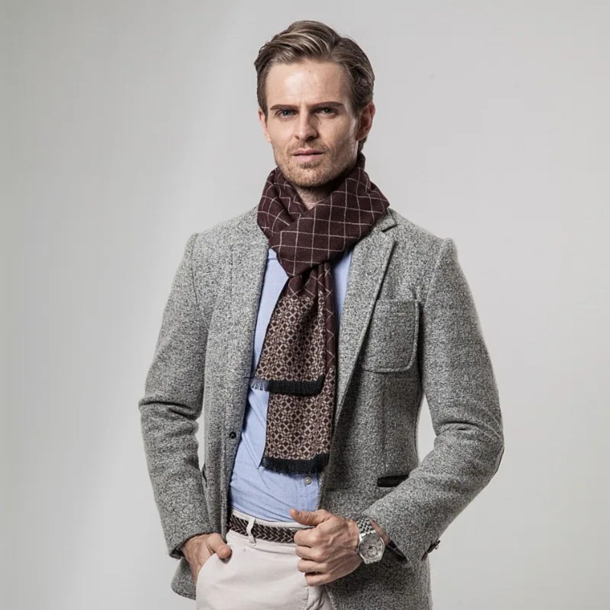 Voss | Men's Cashmere Merino Scarf Black Grid Pattern