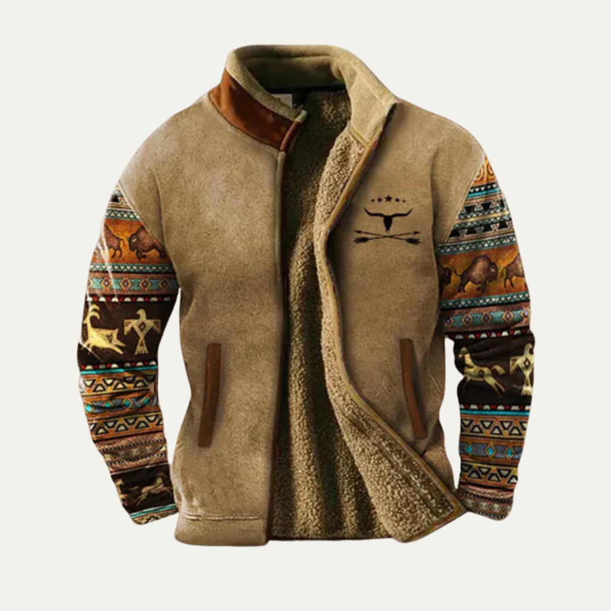Axel | Men's Boho Fleece Jacket Gray Ethnic Pattern Sherpa Lined
