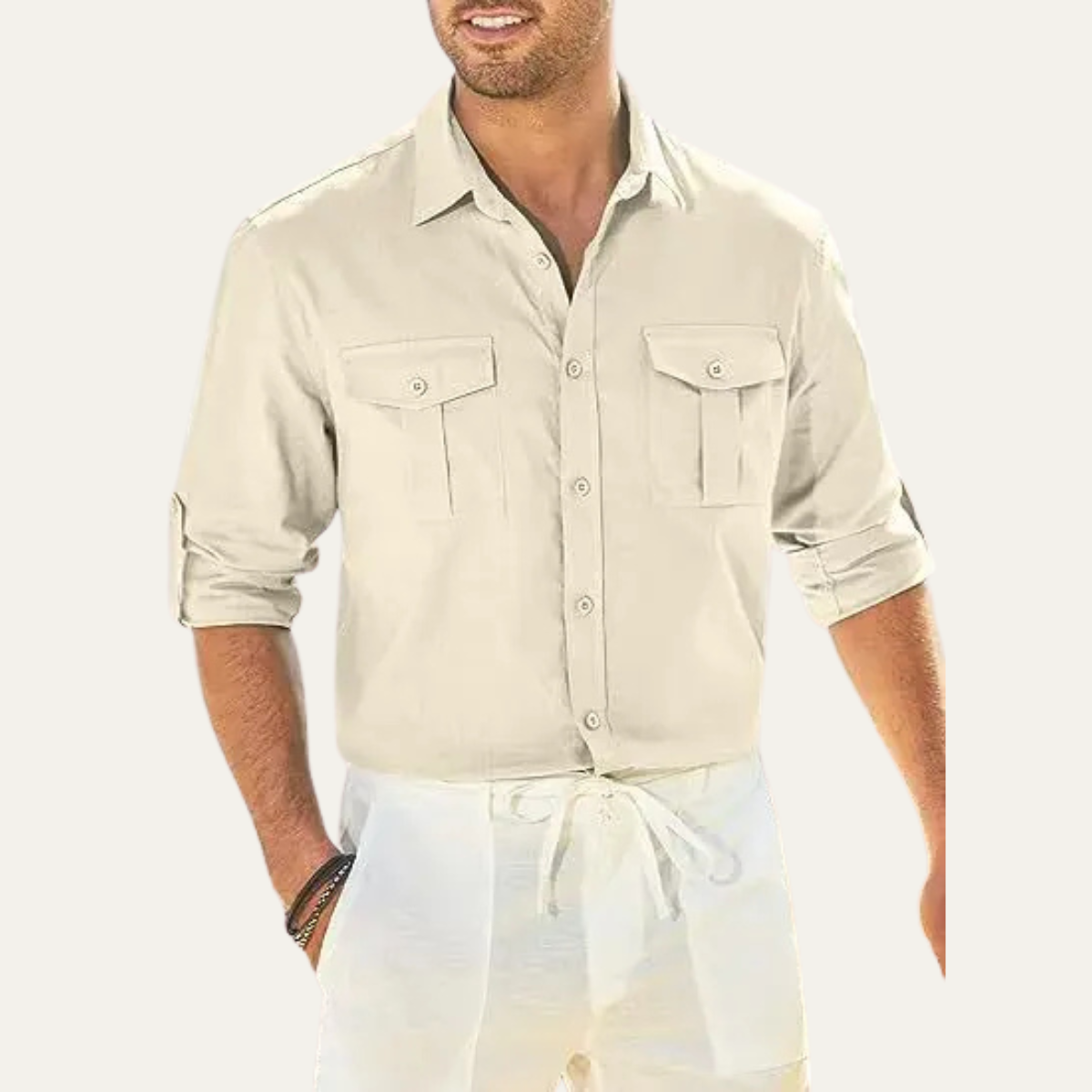 Grant | Men's Casual Cotton Linen Button Up Shirt Cream