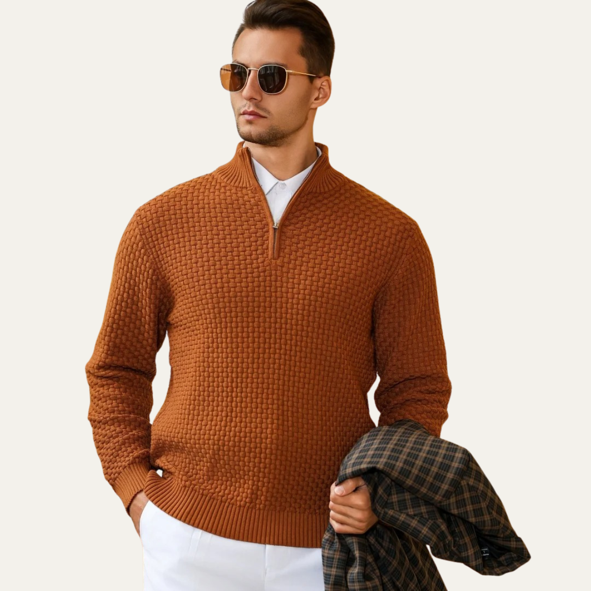 Axel | Men's Textured Quarter Zip Sweater Camel