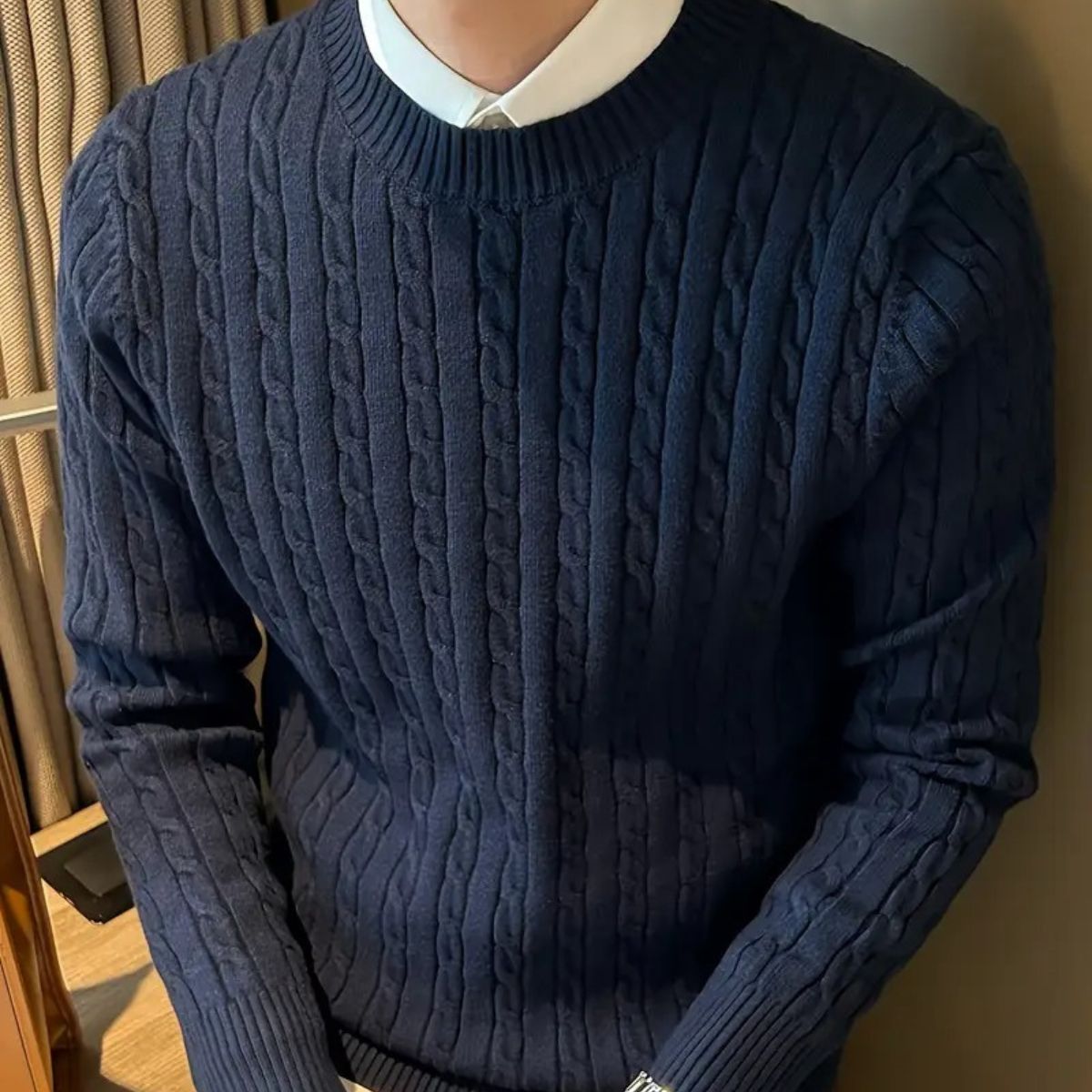 Sage | Men's Cable Knit Crew Neck Sweater Navy