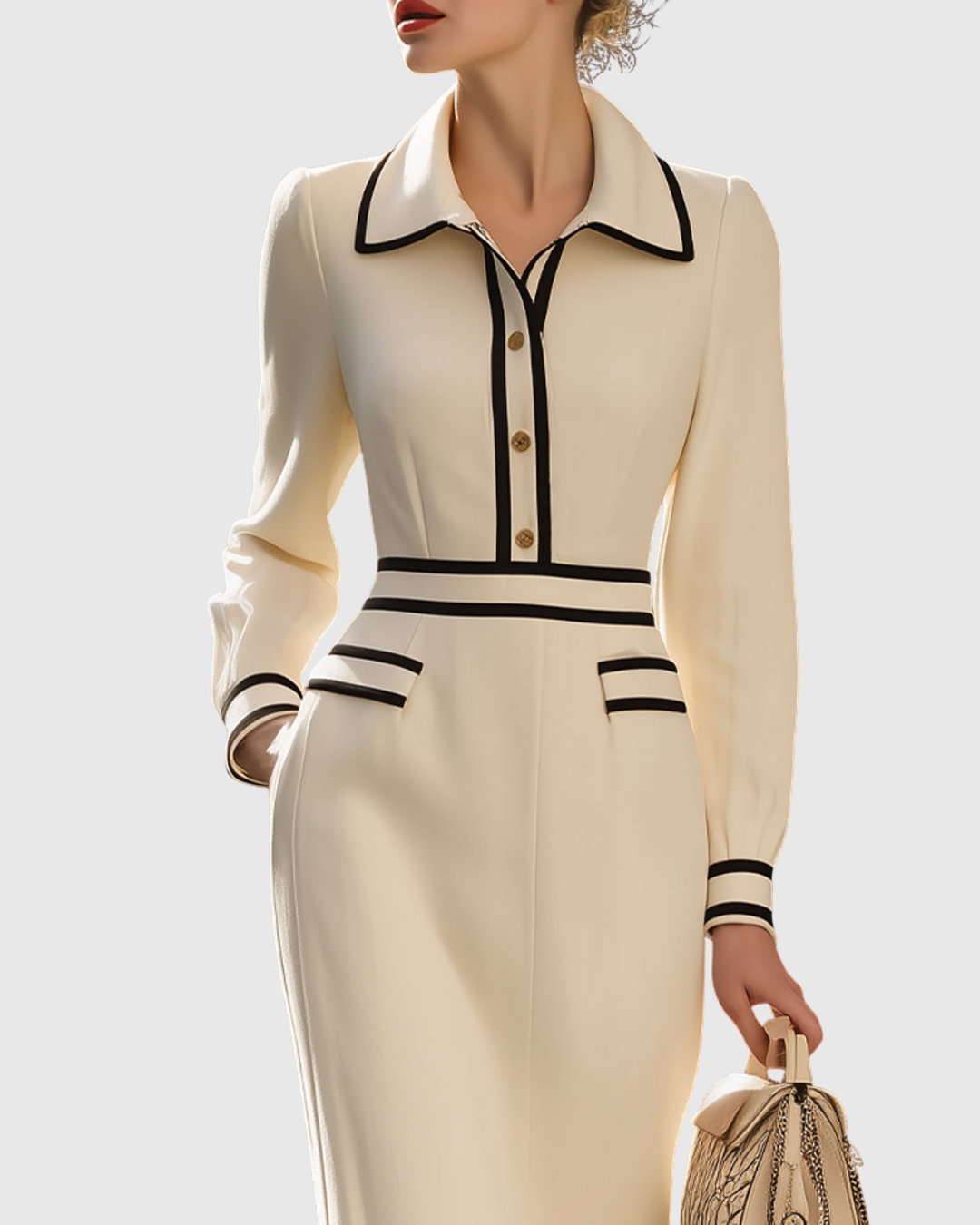 Cora | Women's Midi Dress Cream Collared Button Front