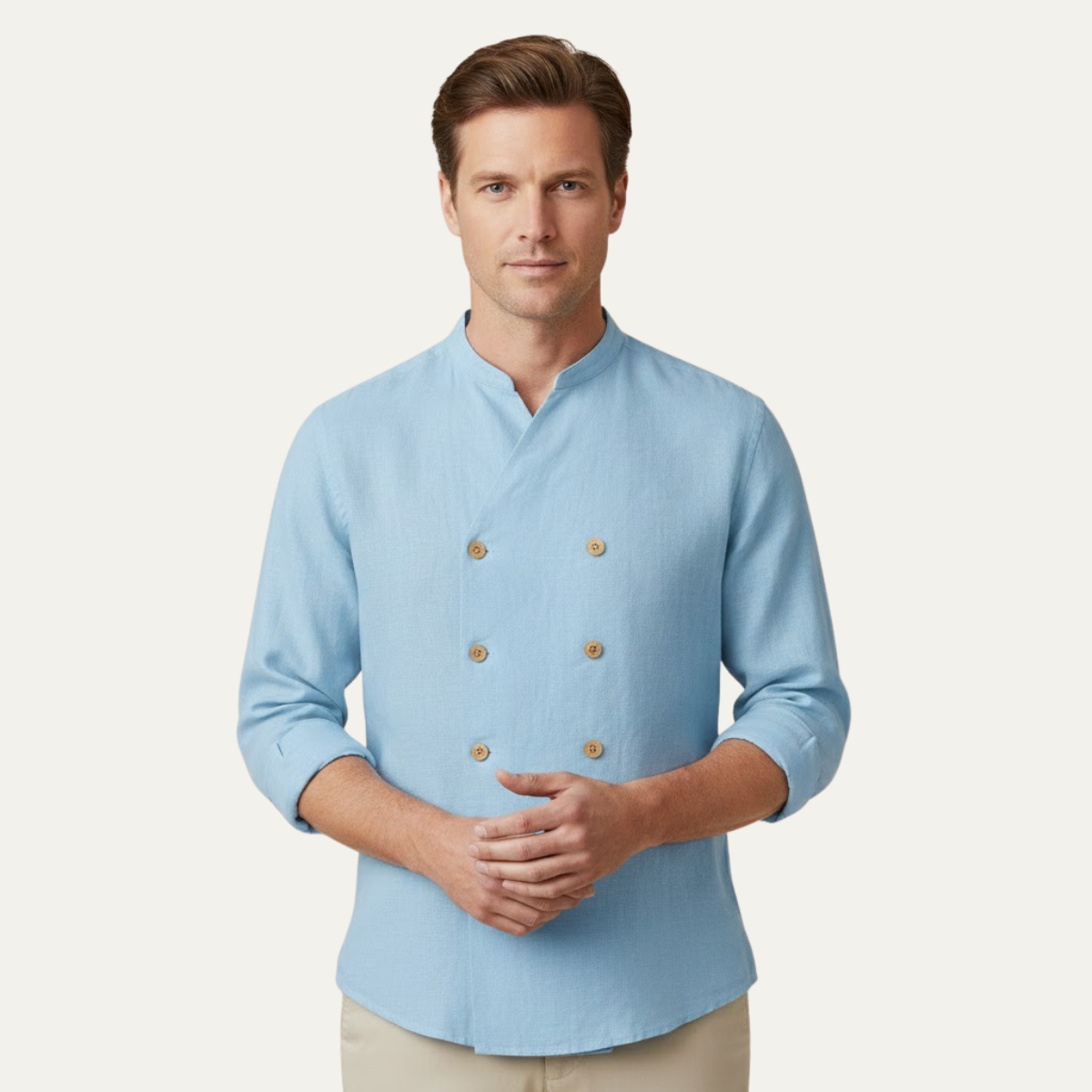 Kai | Men's Double Breasted Linen Shirt Cream Long Sleeve