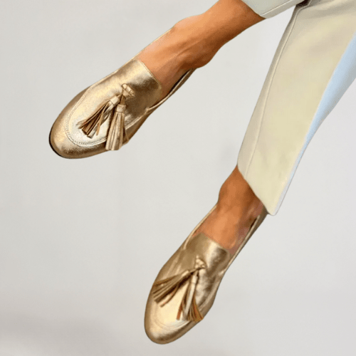 Camille | Women's Metallic Gold Leather Loafers Tassel Detail