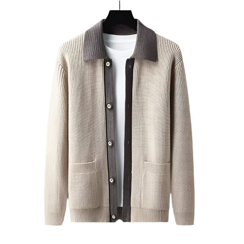 Axel | Men's Collared Cardigan Sweater Black Cream Knit