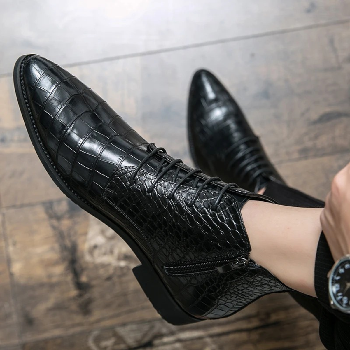 Knox | Men's Crocodile Leather Lace Up Ankle Boots Black