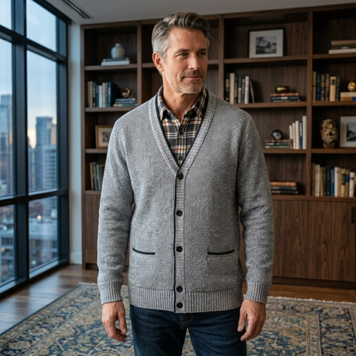 Beau | Men's Cardigan Gray Cable Knit Button Up Pockets