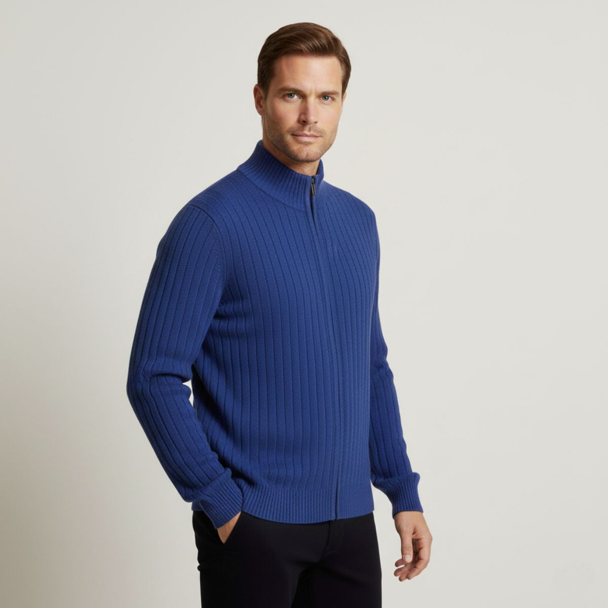 Beau | Men's Zip Up Ribbed Cardigan Royal Blue