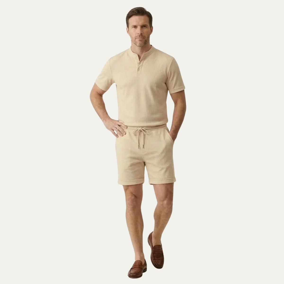 Callum | Men's Lounge Set White Short Sleeve Henley Shorts