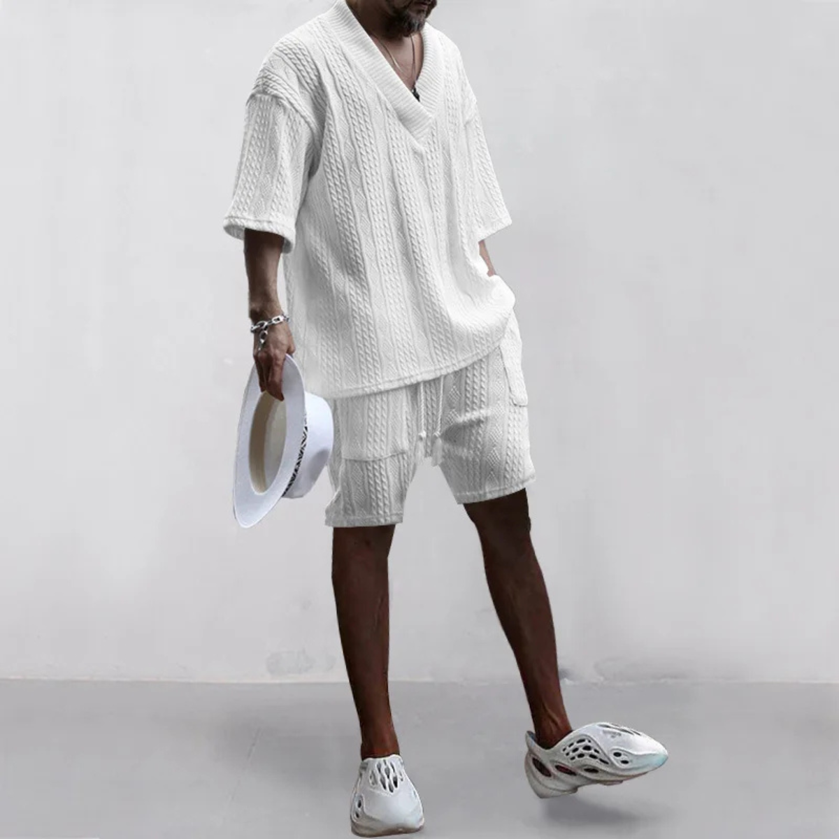 Callum | Men's Sweatsuit Cream Cable Knit V Neck Shorts Set