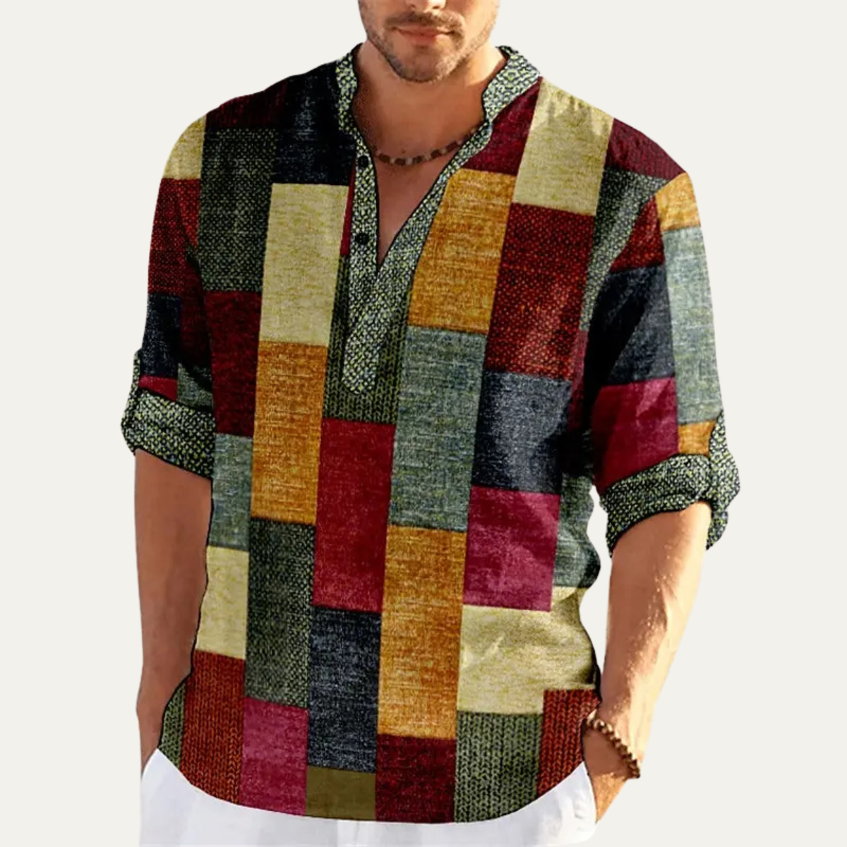 Axel | Men's Patchwork Casual Button Up Shirt Blue Green Black