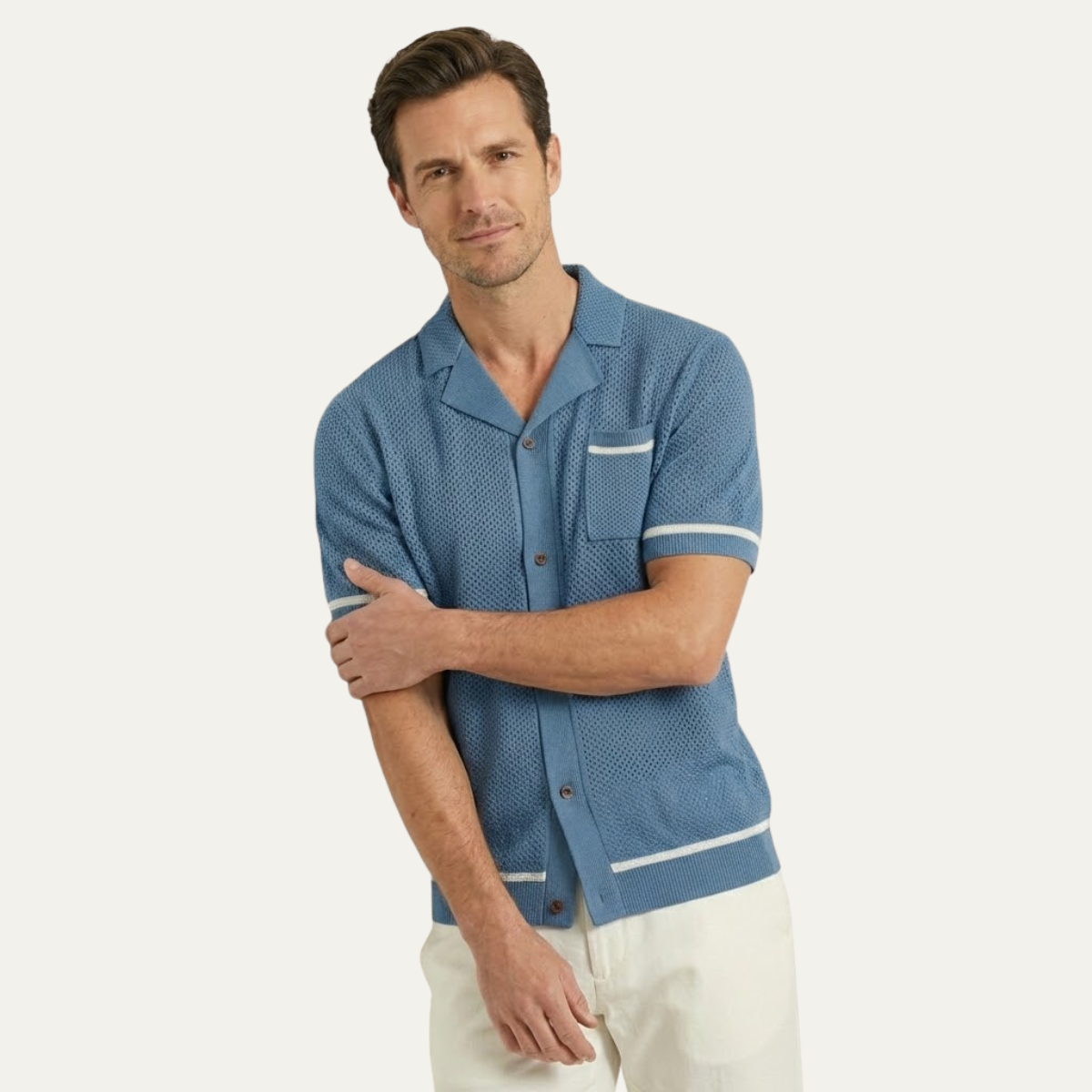 Kai | Men's Knit Button Up Shirt Light Green Short Sleeve