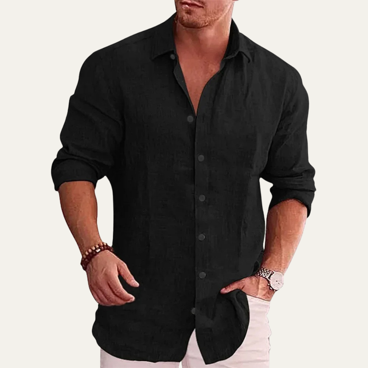Ezra | Men's Linen Shirt Cream Button Up Long Sleeve