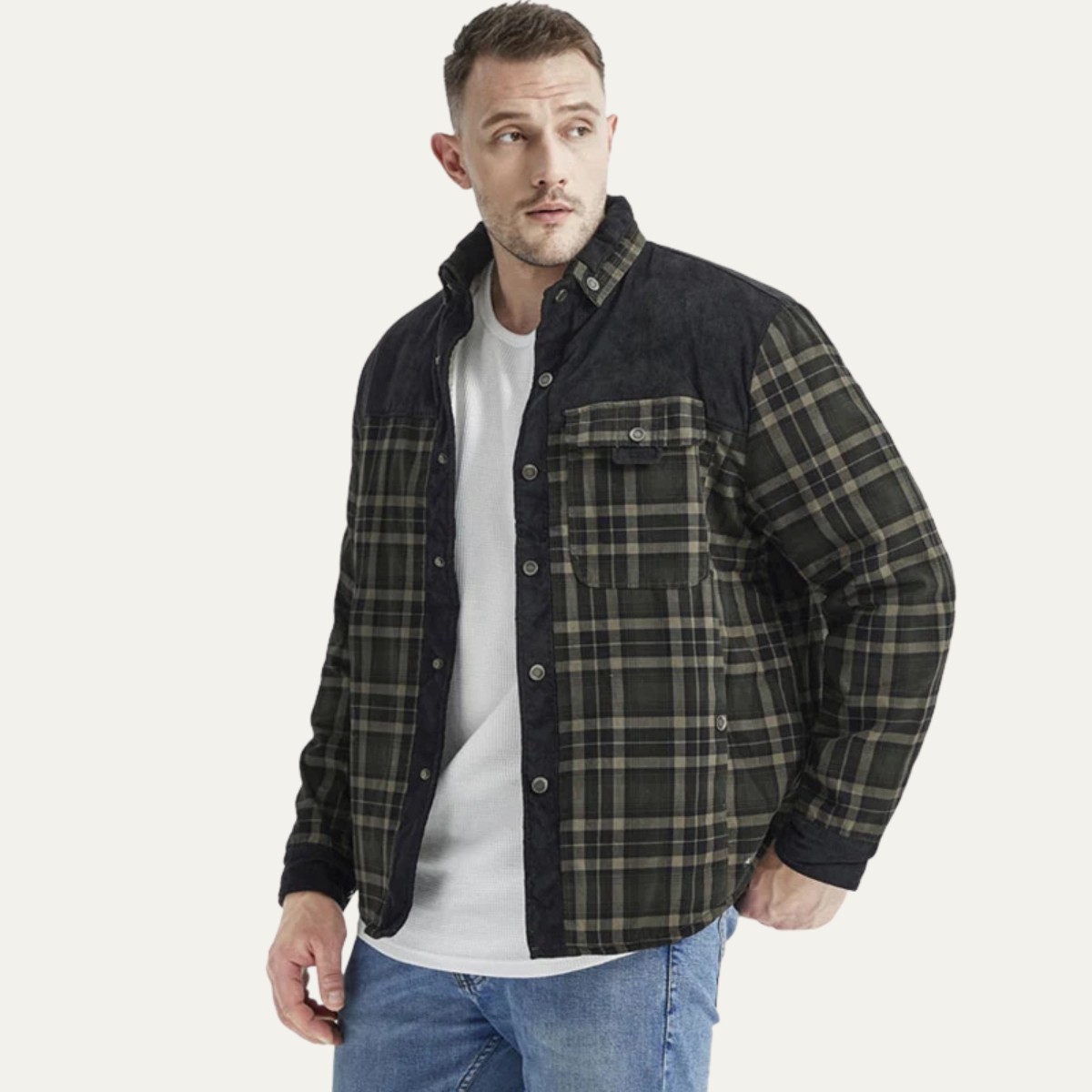 Knox | Men's Flannel Shirt Jacket Olive Plaid Sherpa Lined