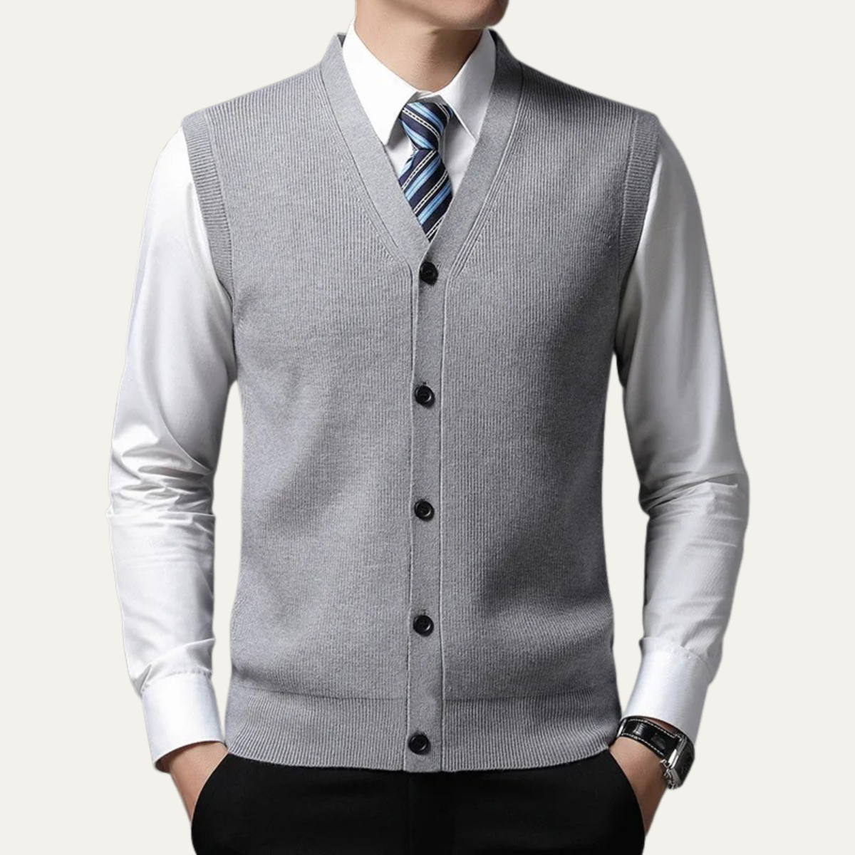 Beau | Men's Sweater Vest Blue Button Up V Neck