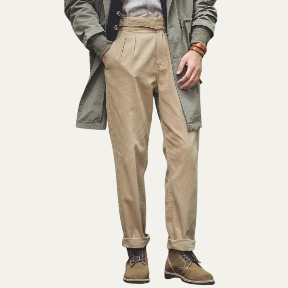 Voss | Men's Pleated Tapered Chinos Beige With Belt