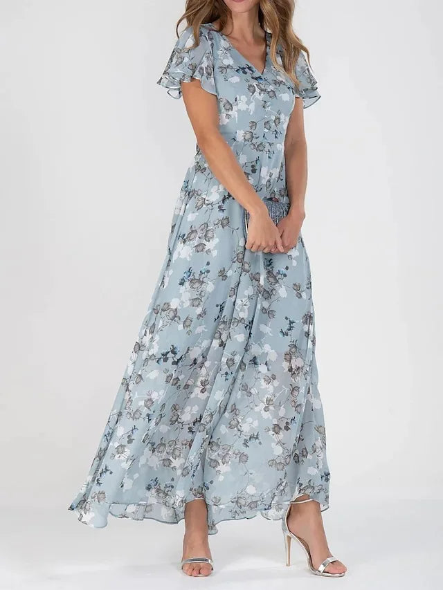 Nina | Women's Floral Maxi Dress Short Sleeve Orange