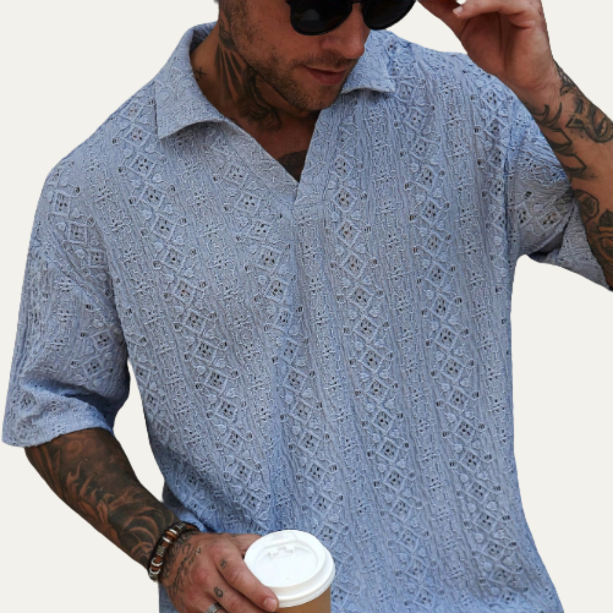 Beau | Men's Boho Linen Shirt Light Blue Geometric Pattern