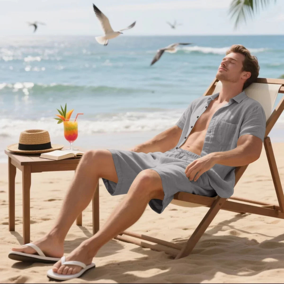 Beau | Men's Casual Linen Shirt Shorts Set Gray