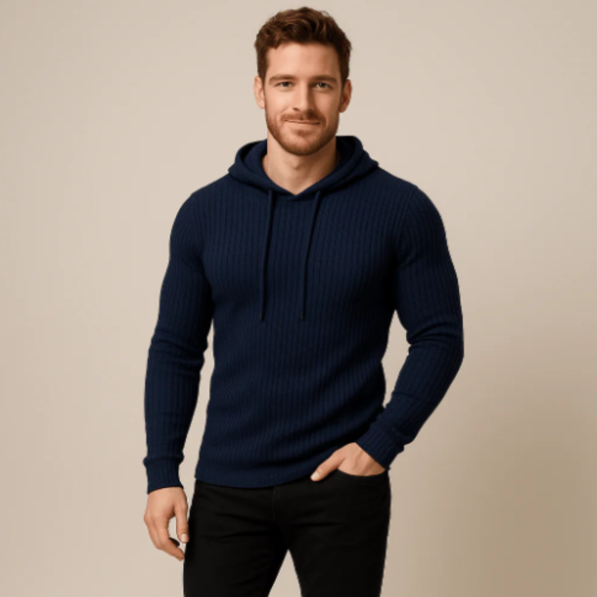Wade | Men's Ribbed Knit Hoodie Brown Long Sleeve