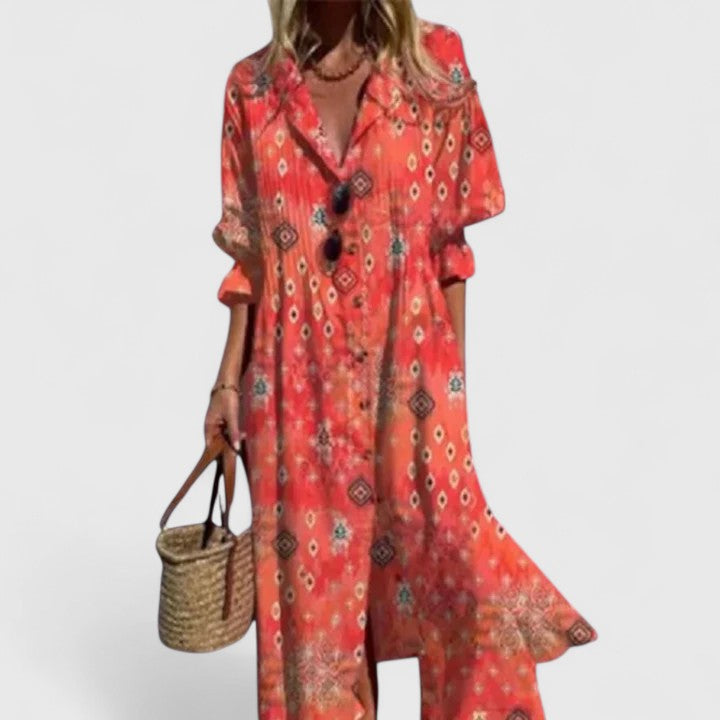 Camille | Women's Floral Midi Dress Long Sleeve White