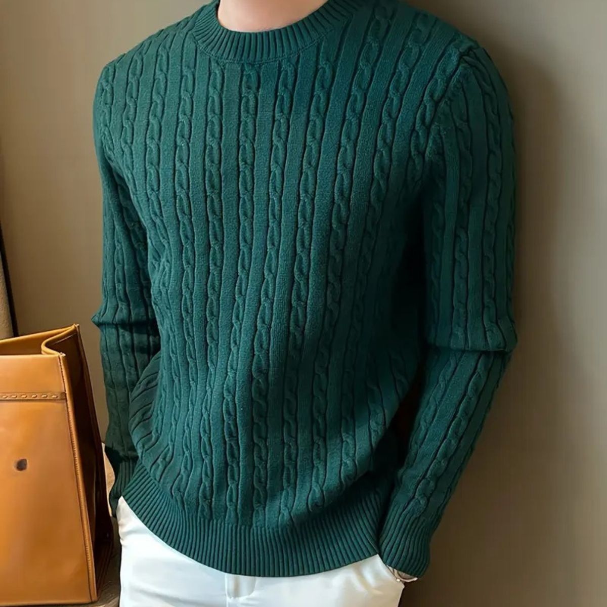 Callum | Men's Cable Knit Sweater Crew Neck Forest Green