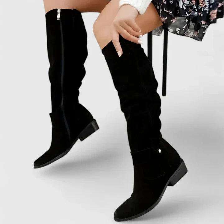 Maren | Women's Suede Knee High Boots Cream Buckle Detail