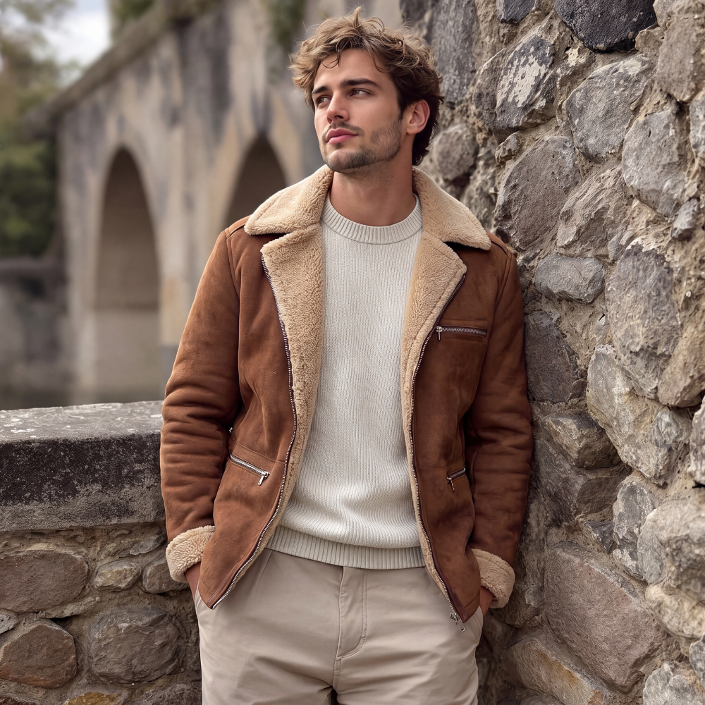 Bram | Men's Sherpa Lined Suede Jacket Brown