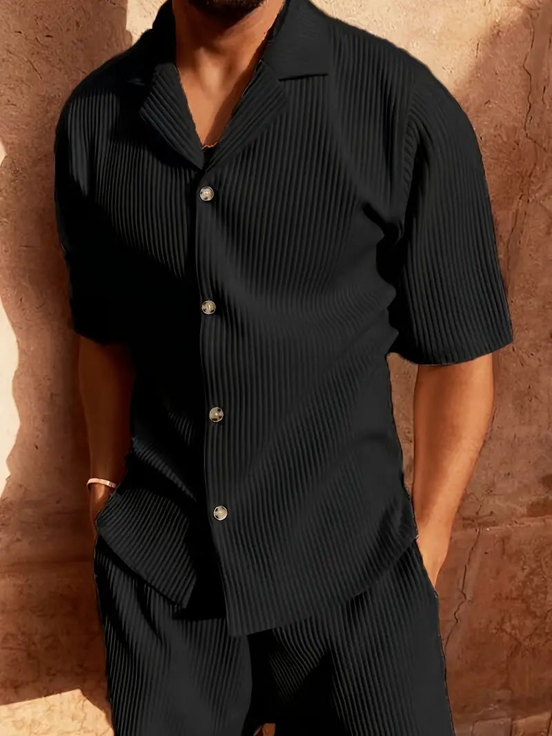 Elise | Men's Ribbed Shorts Set Cream Button Up