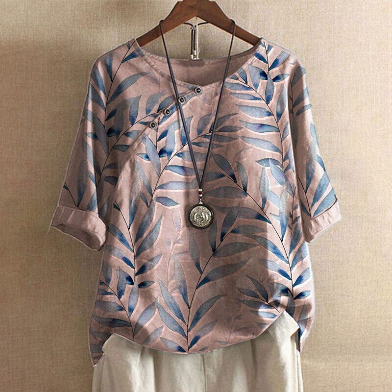 Demi | Women's Floral Linen Blouse Light Blue Three Quarter Sleeve